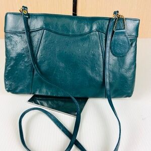 Vintage Teal Genuine Leather Ostrich Embossed Crossbody Clutch Purse